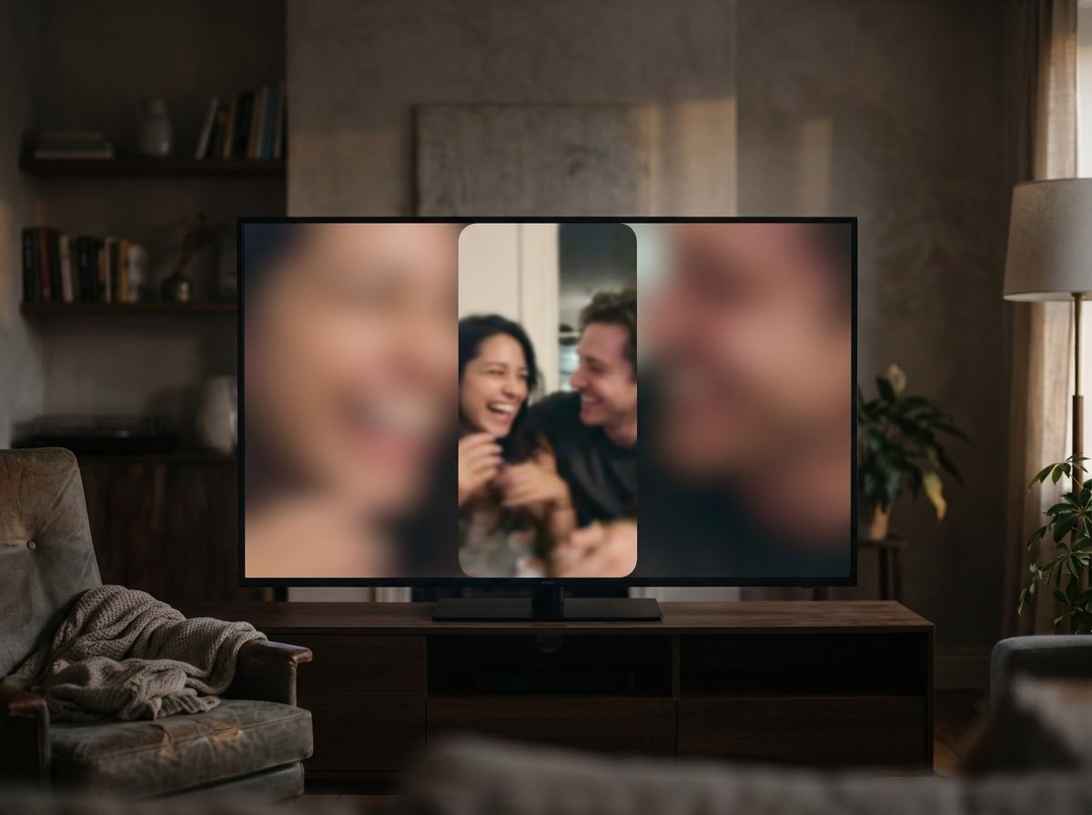 A wide video frame with an upright phone clip in the middle and soft blurred fill on both sides