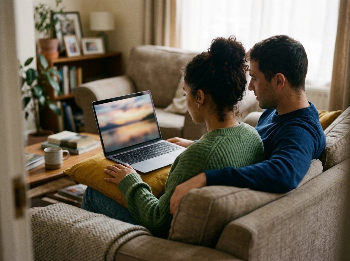 Two people on a sofa watching a finished video together on a laptop screen