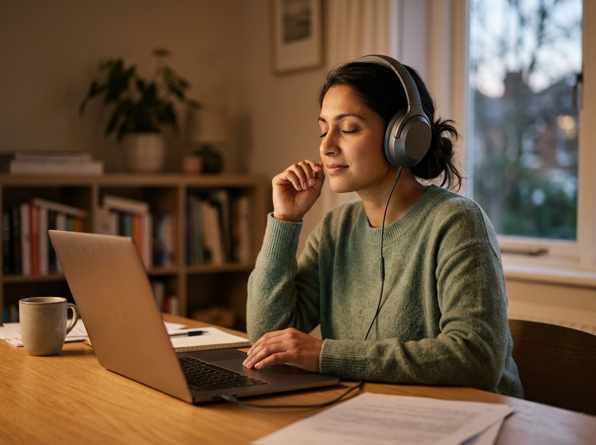Someone at a desk wearing headphones listening back to a video with one hand on the volume