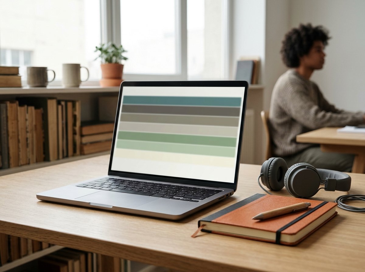 A laptop showing a list of music tracks beside a video timeline with headphones resting on the desk