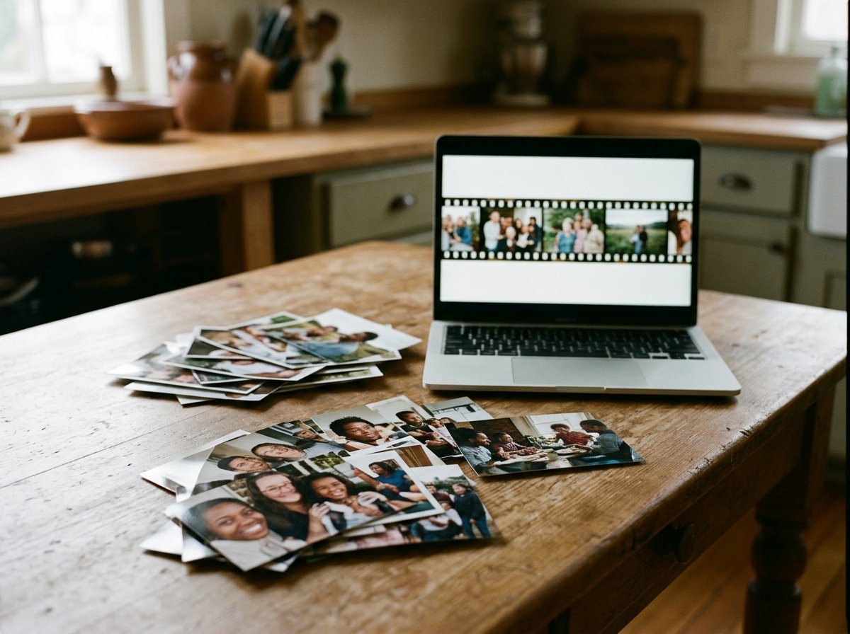 Printed photographs spread on a table next to a laptop showing the same photos in a row