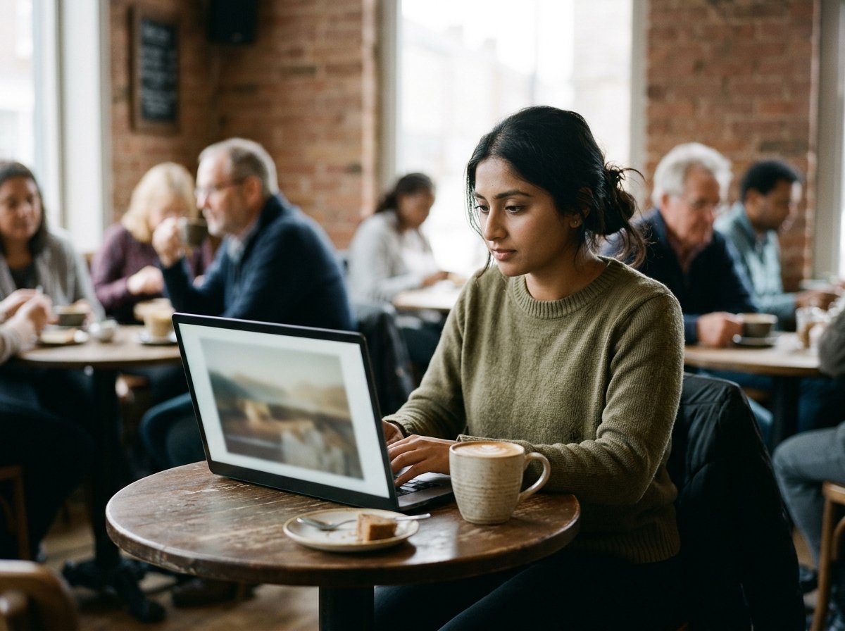 A laptop in a cafe with a single browser window open on a simple video editing page