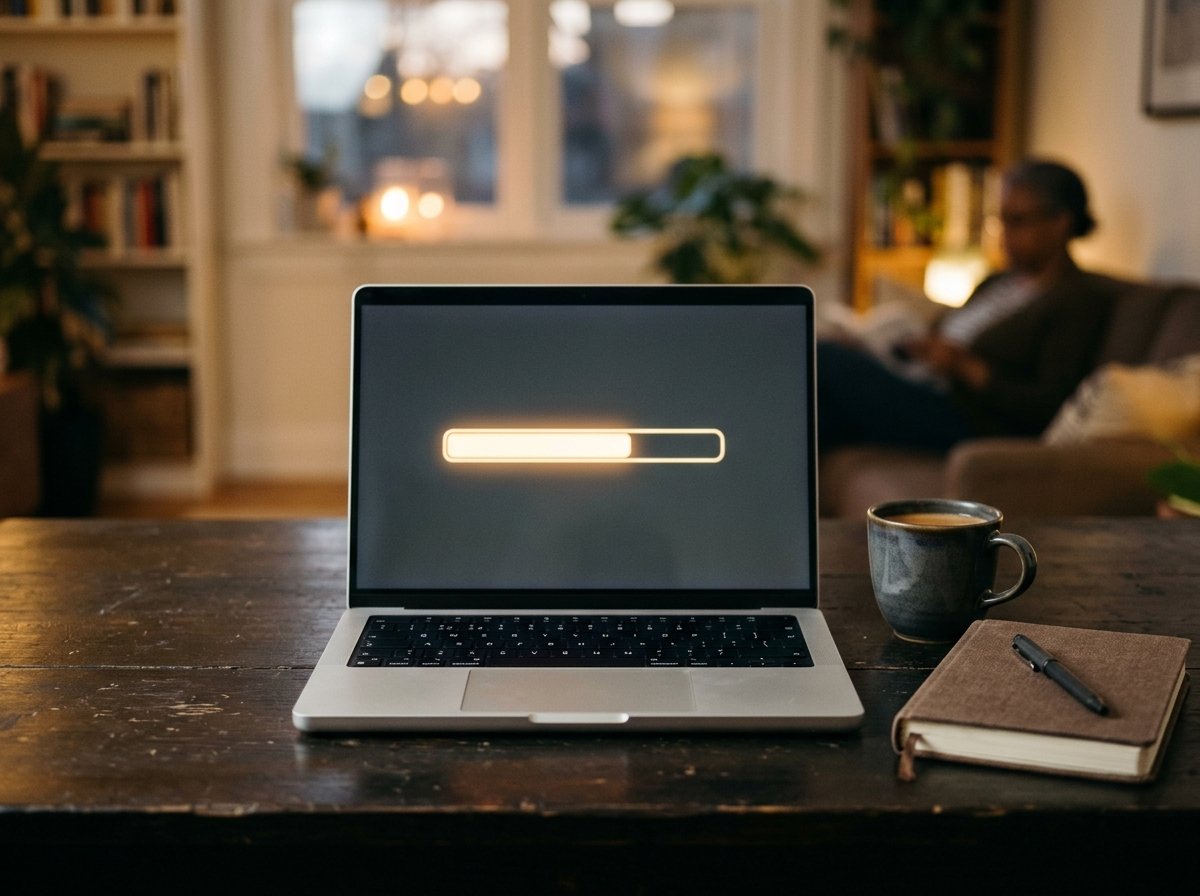 A laptop screen showing a large video file uploading, a mug and notebook beside it