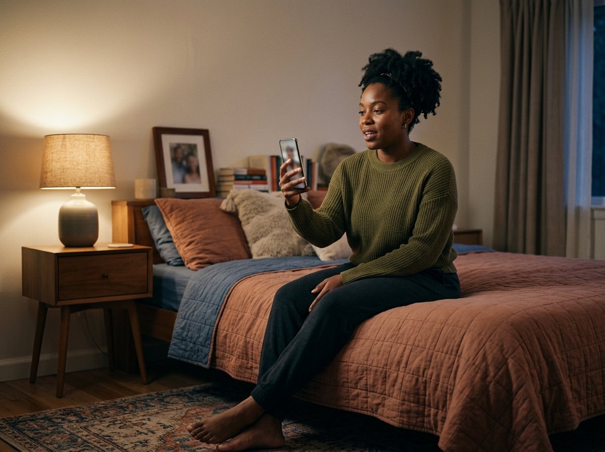 A person sitting at home holding a phone at arm's length recording a short message to camera