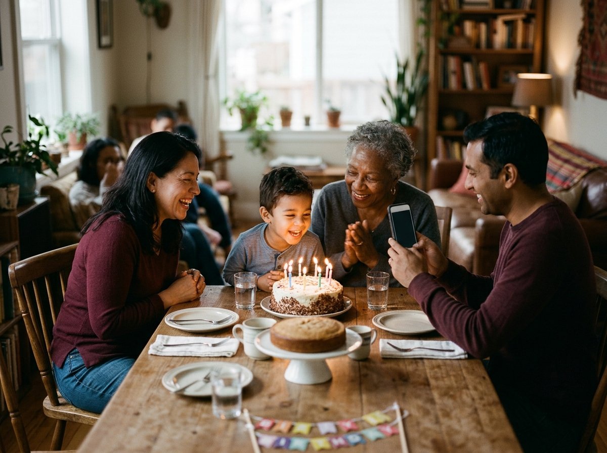 A small family gathering around a table at a birthday with one person filming on a phone