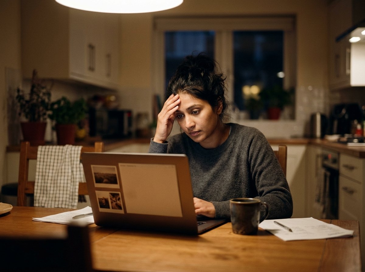 A person at a kitchen table working through a long list of video clips on a laptop