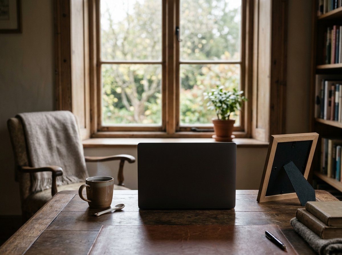 A quiet desk by a window with a laptop, a cup of tea and a framed photograph turned away