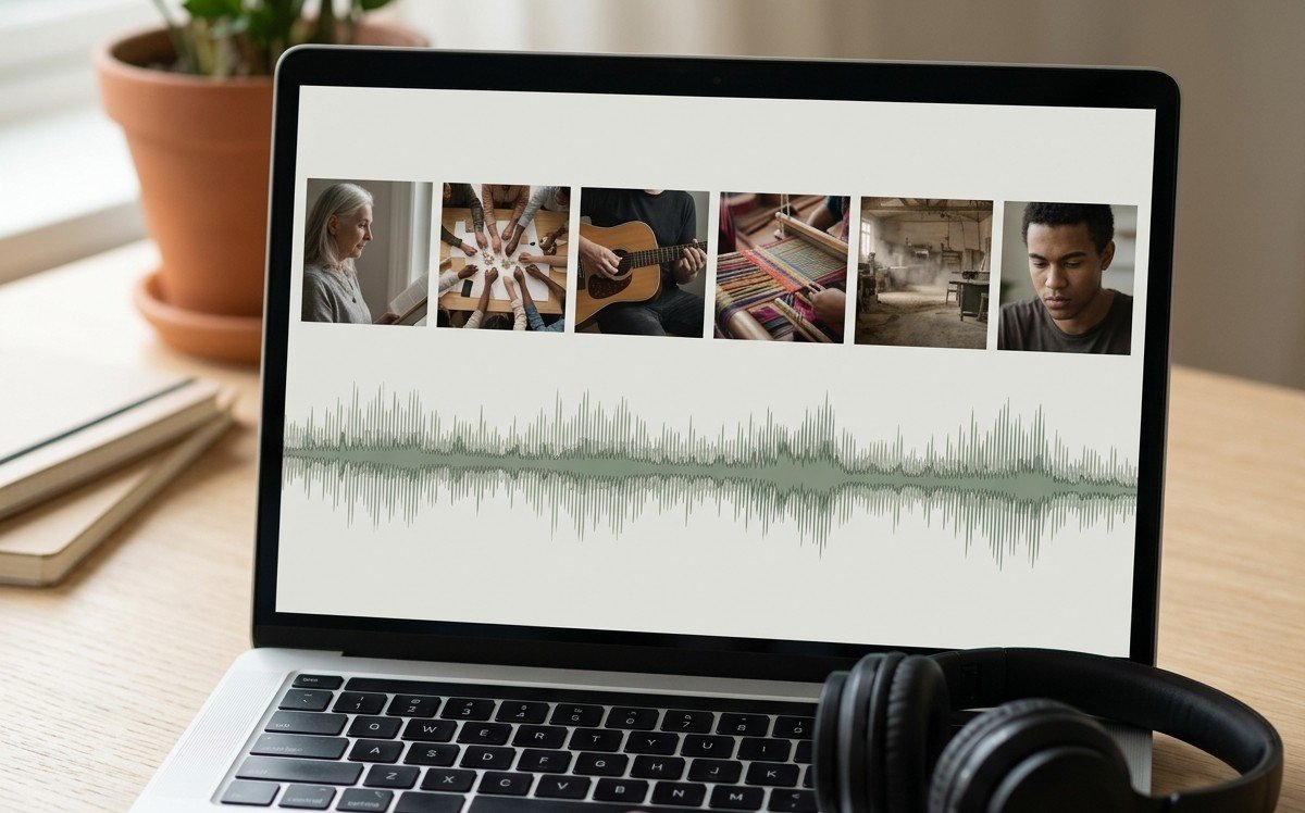 A laptop on a desk showing six video thumbnails in a row above a wide audio waveform, headphones resting against the keyboard