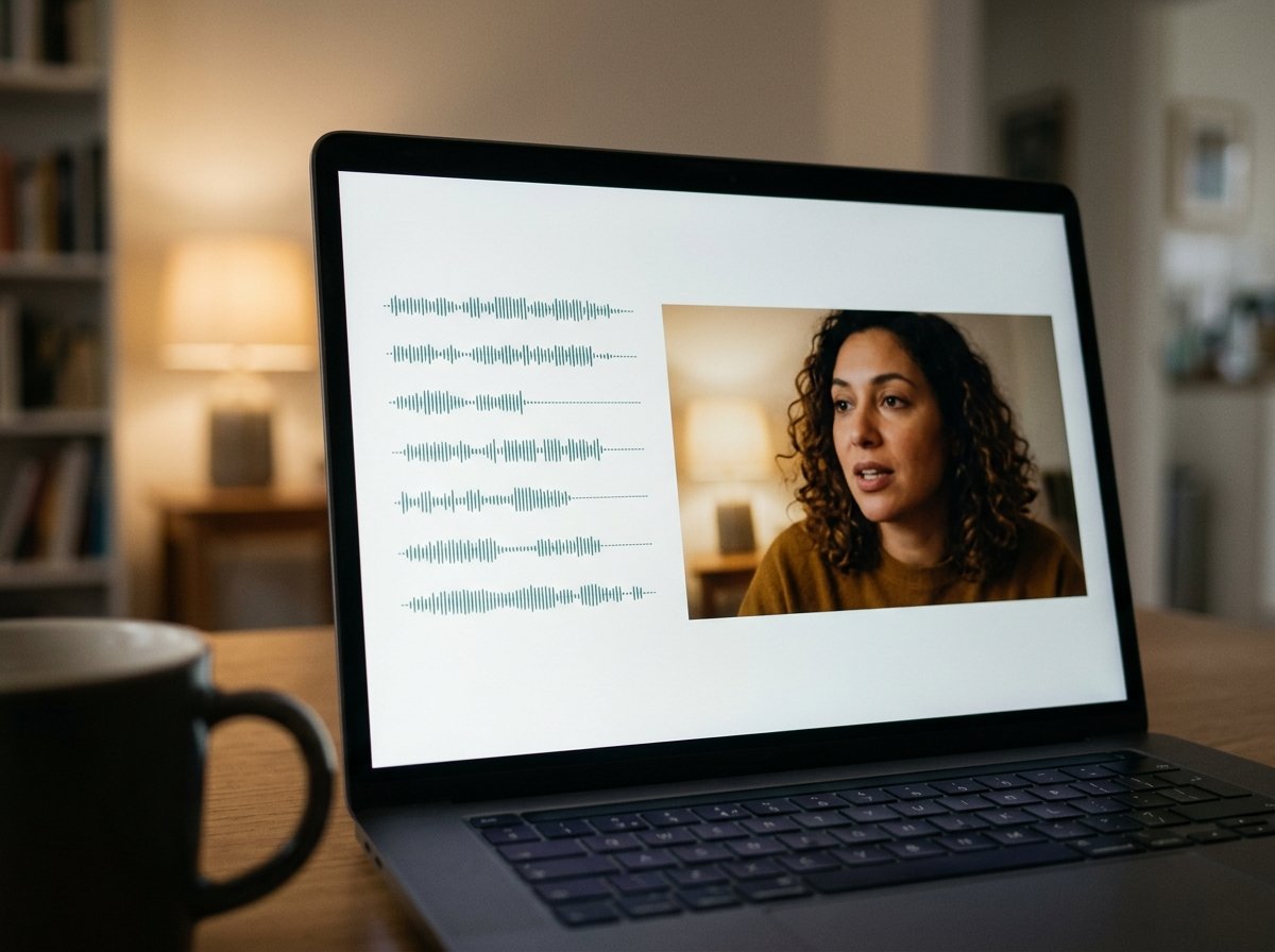 A laptop screen showing seven stacked audio waveform rows beside a video frame of a woman mid-sentence