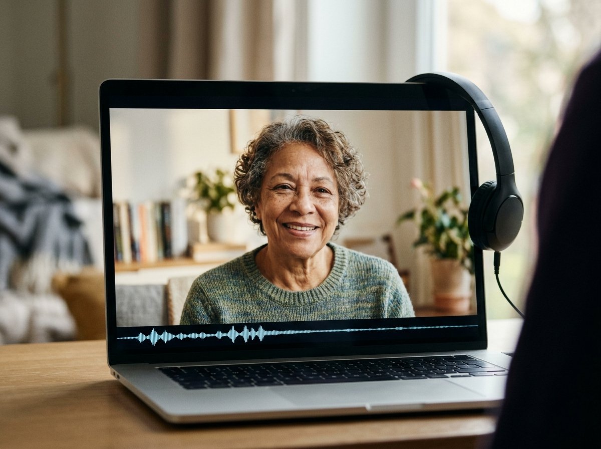 A laptop screen showing an older woman speaking to camera with an audio waveform across the bottom and headphones over the lid