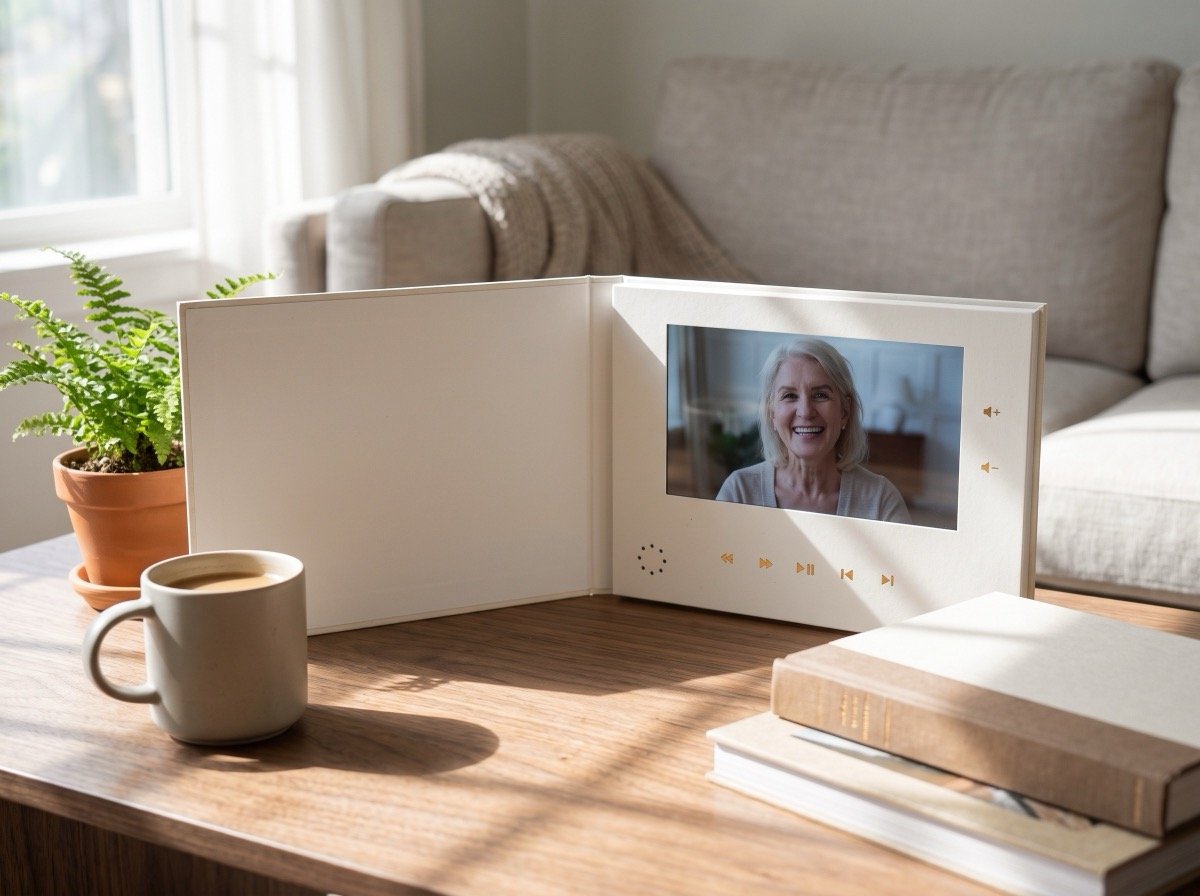 An open Tribute video book on a coffee table in morning light, playing a clip of an older woman speaking to camera