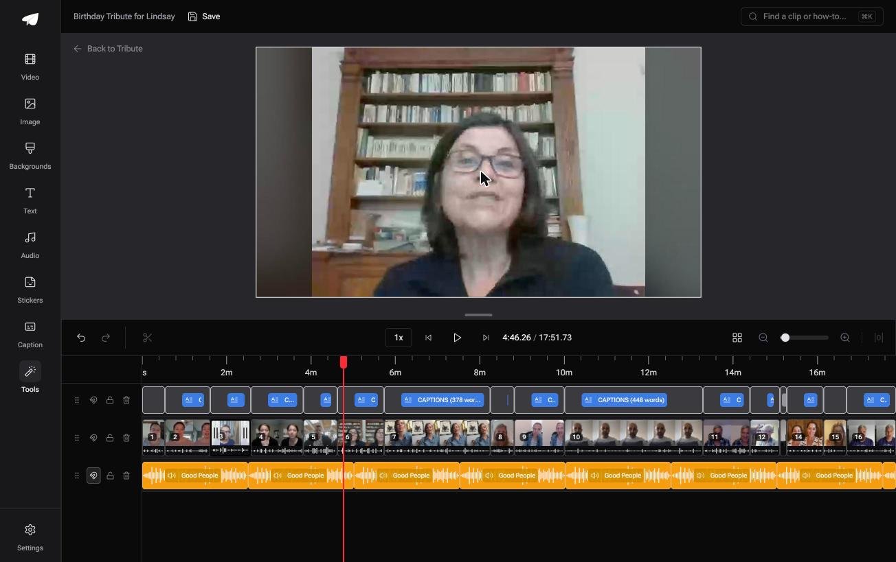 Sixteen contributor clips already laid out in order on the Tribute video editor timeline with a music track underneath
