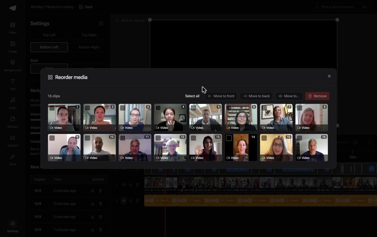 The Reorder media window in the Tribute video editor showing sixteen numbered clips with move to front and move to back controls