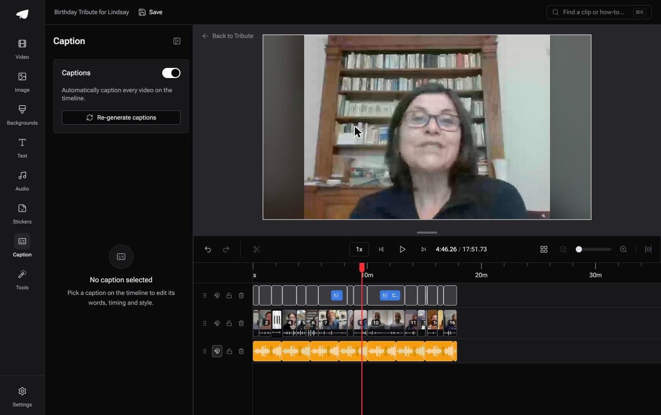 The Caption panel in the Tribute video editor with a single switch that captions every video on the timeline