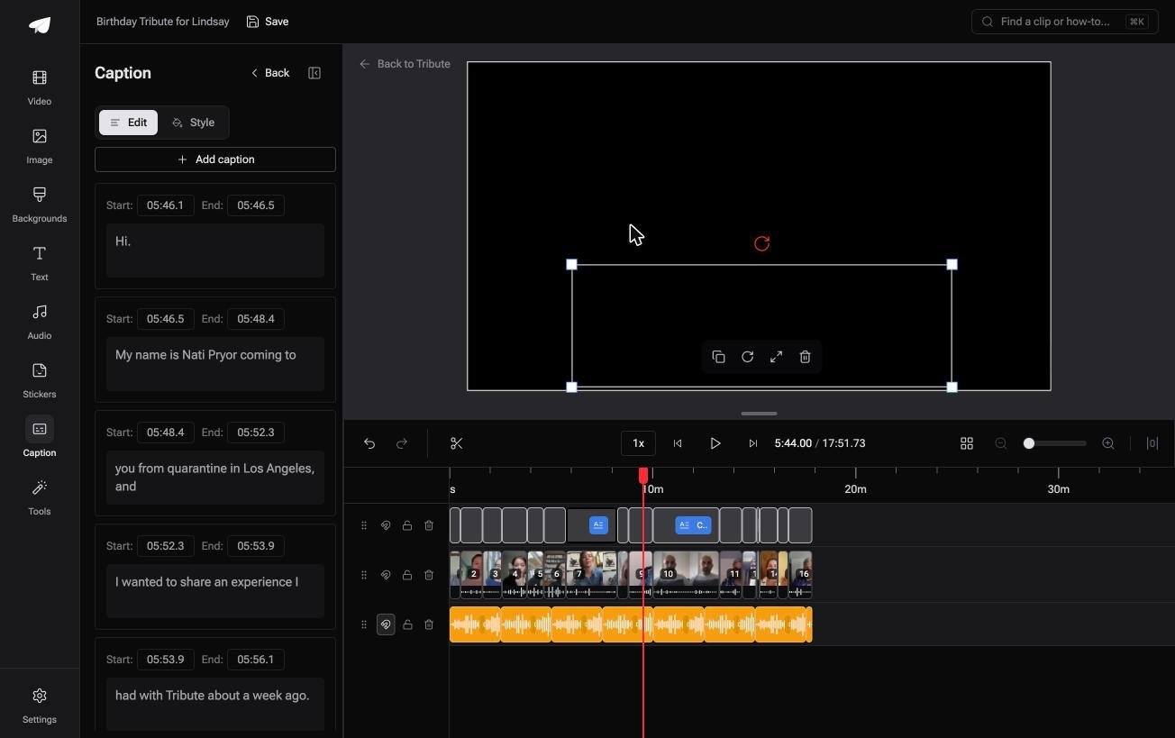 Caption lines in the Tribute video editor each with an editable start and end timecode and editable text