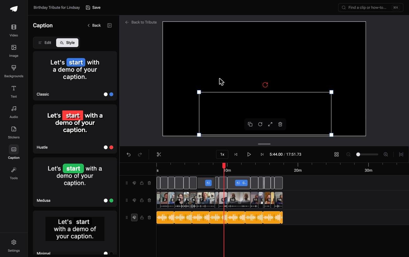 Caption style choices in the Tribute video editor showing Classic Hustle Medusa and Minimal with the spoken word highlighted