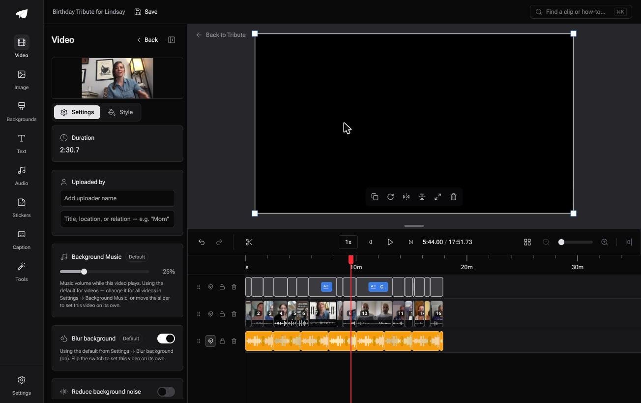 Clip settings in the Tribute video editor showing uploader name fields, music volume at twenty five percent and blur background switched on