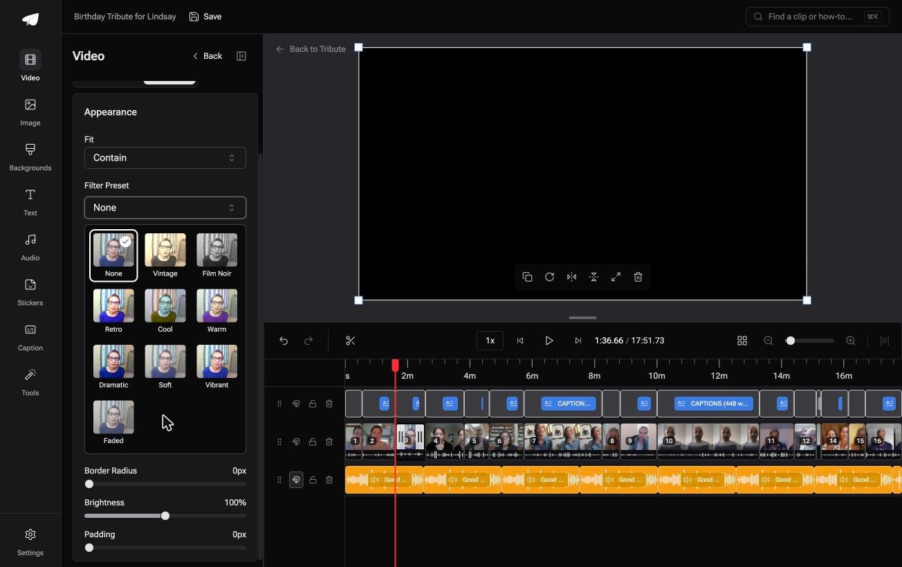 Ten color grades in the Tribute video editor previewed on the actual clip including Vintage, Video Noir and Faded