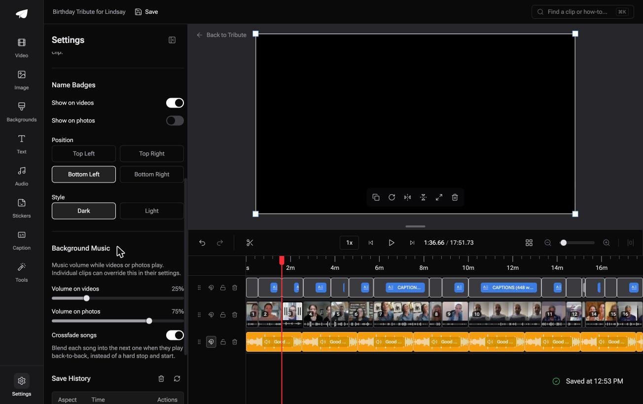 Editor settings showing name badge corner positions dark and light styles and separate music volumes for videos and photos