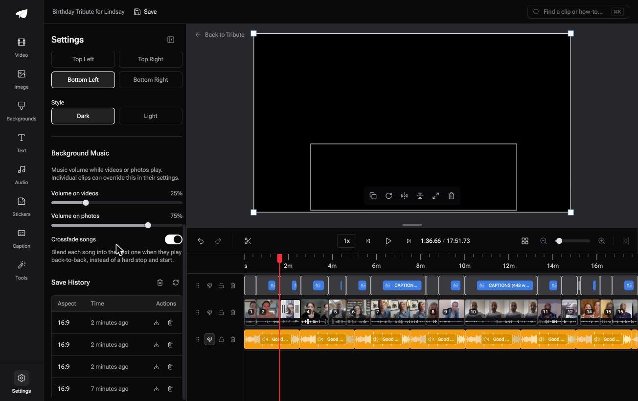 The save history list in the Tribute video editor showing earlier versions that can be restored or downloaded
