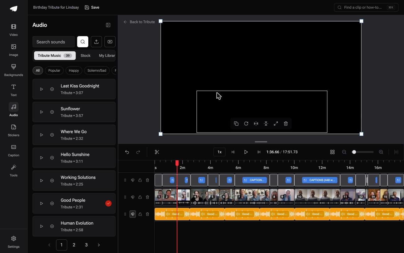The music panel in the Tribute video editor showing thirty nine licensed tracks filtered by mood with a track already in use