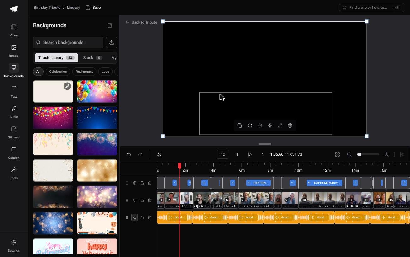 The background library in the Tribute video editor showing eighty three occasion backgrounds grouped by celebration retirement and love