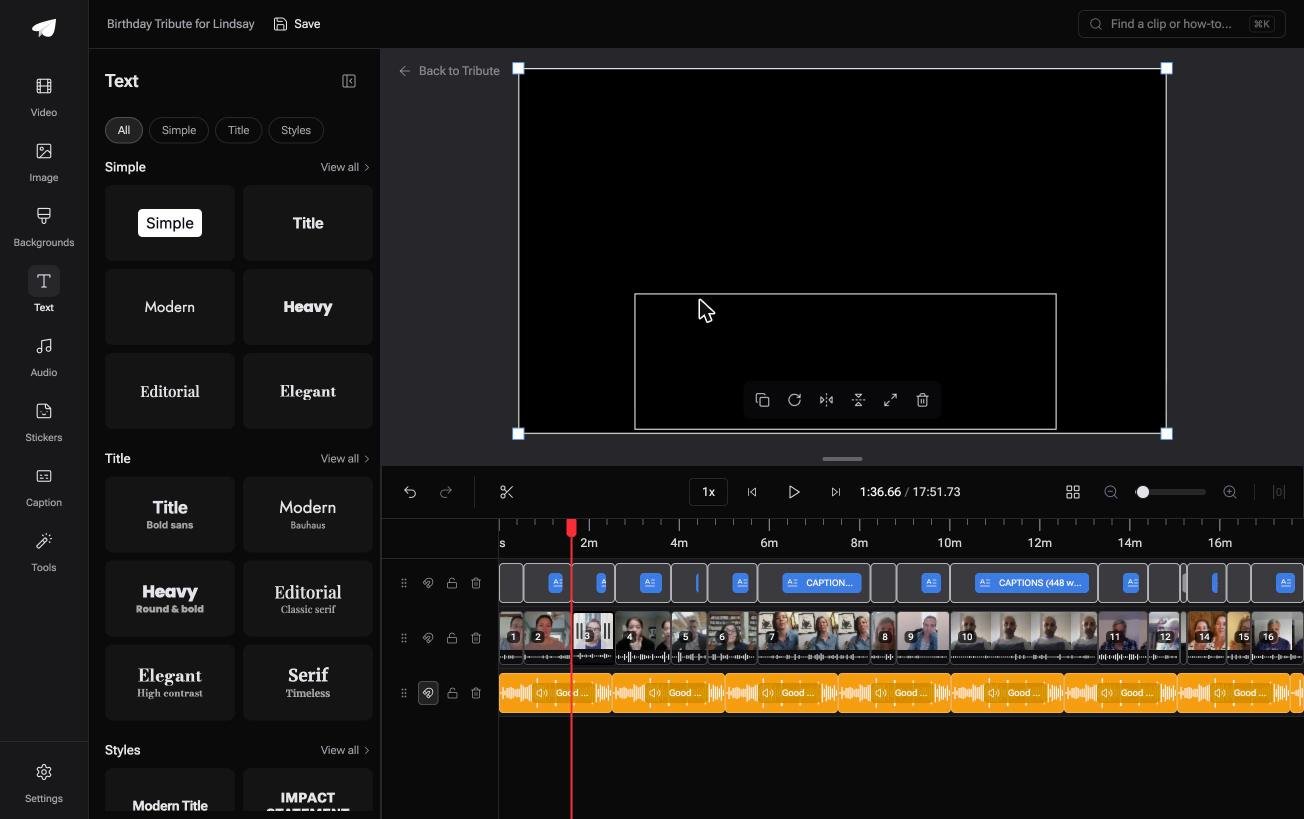 Ready made title and text styles in the Tribute video editor grouped as simple title and styles