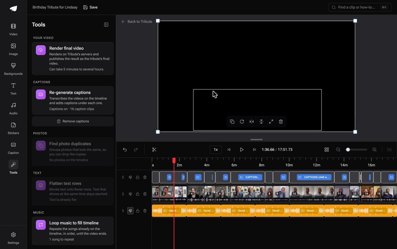 The tools panel in the Tribute video editor offering render final video regenerate captions find photo duplicates and loop music
