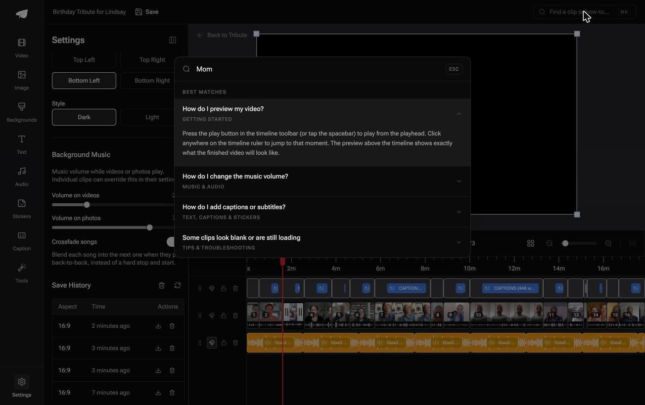 The search box in the Tribute video editor finding clips and how to answers from one keyboard shortcut