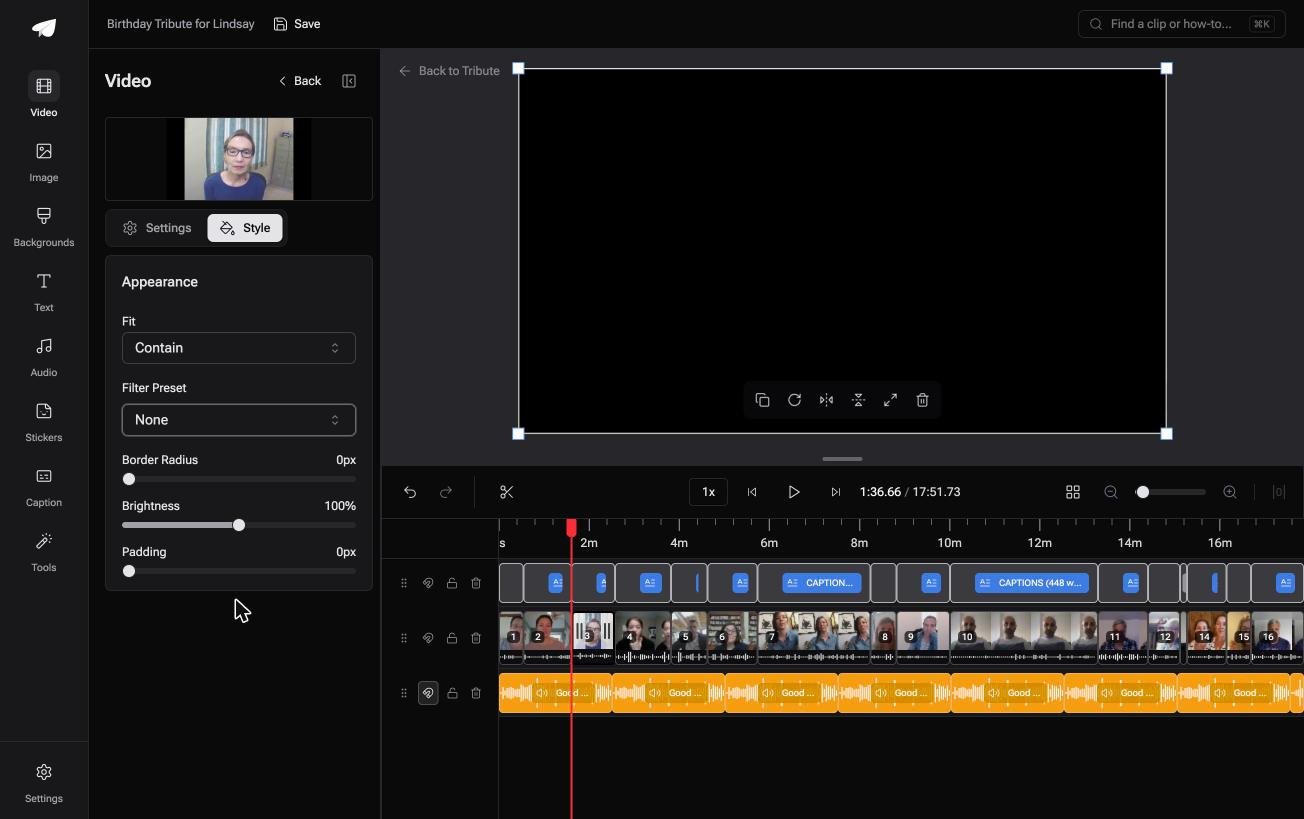 Appearance controls for a single clip in the Tribute video editor covering fit filter preset border radius and brightness