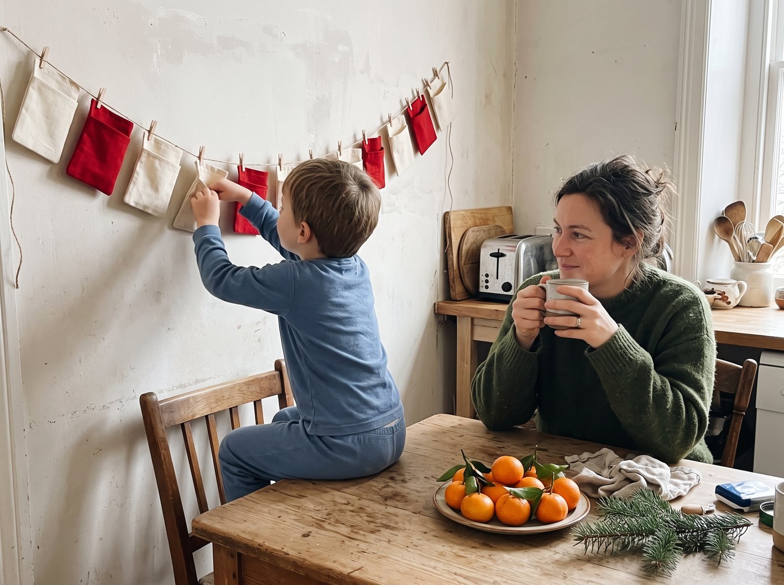 Child opening an advent calendar door at the kitchen table on a December morning