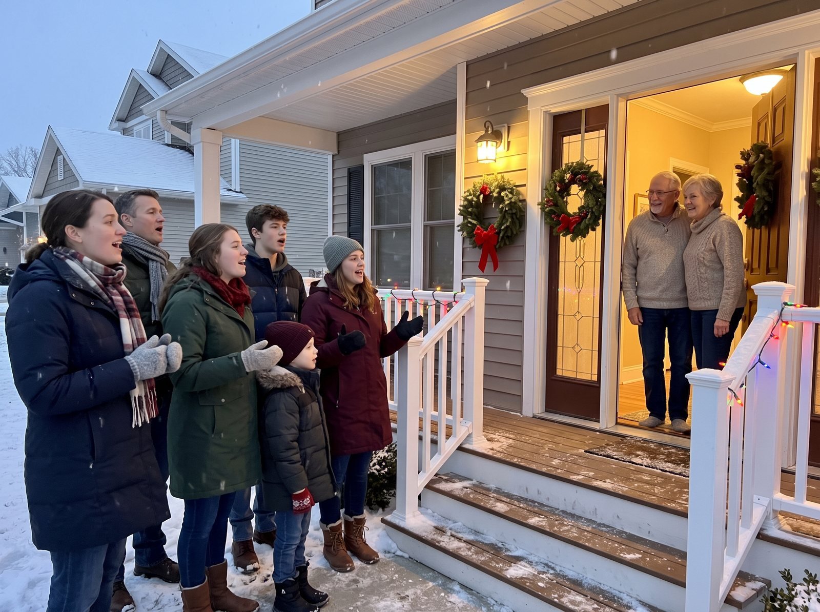 Neighbors caroling at a front door at dusk with scarves and song sheets