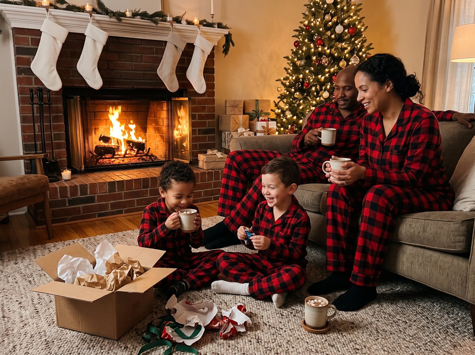 Family in matching pajamas with cocoa on Christmas Eve by the fireplace