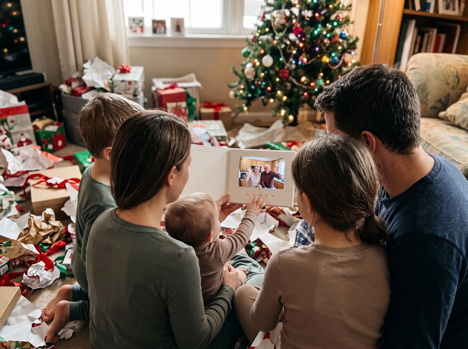 Family in pajamas on Christmas morning watching a group video on an open Tribute Video Book