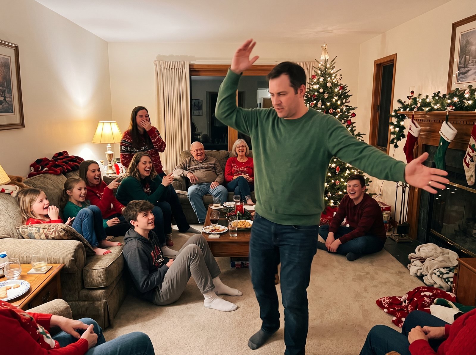 Family and friends playing a party game at a Christmas gathering