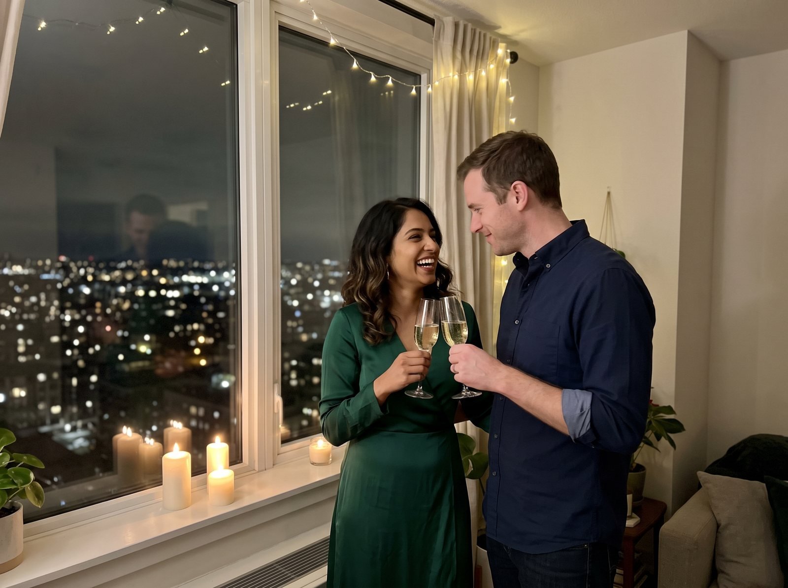 Couple celebrating New Year's Eve at home with sparkling cider and string lights