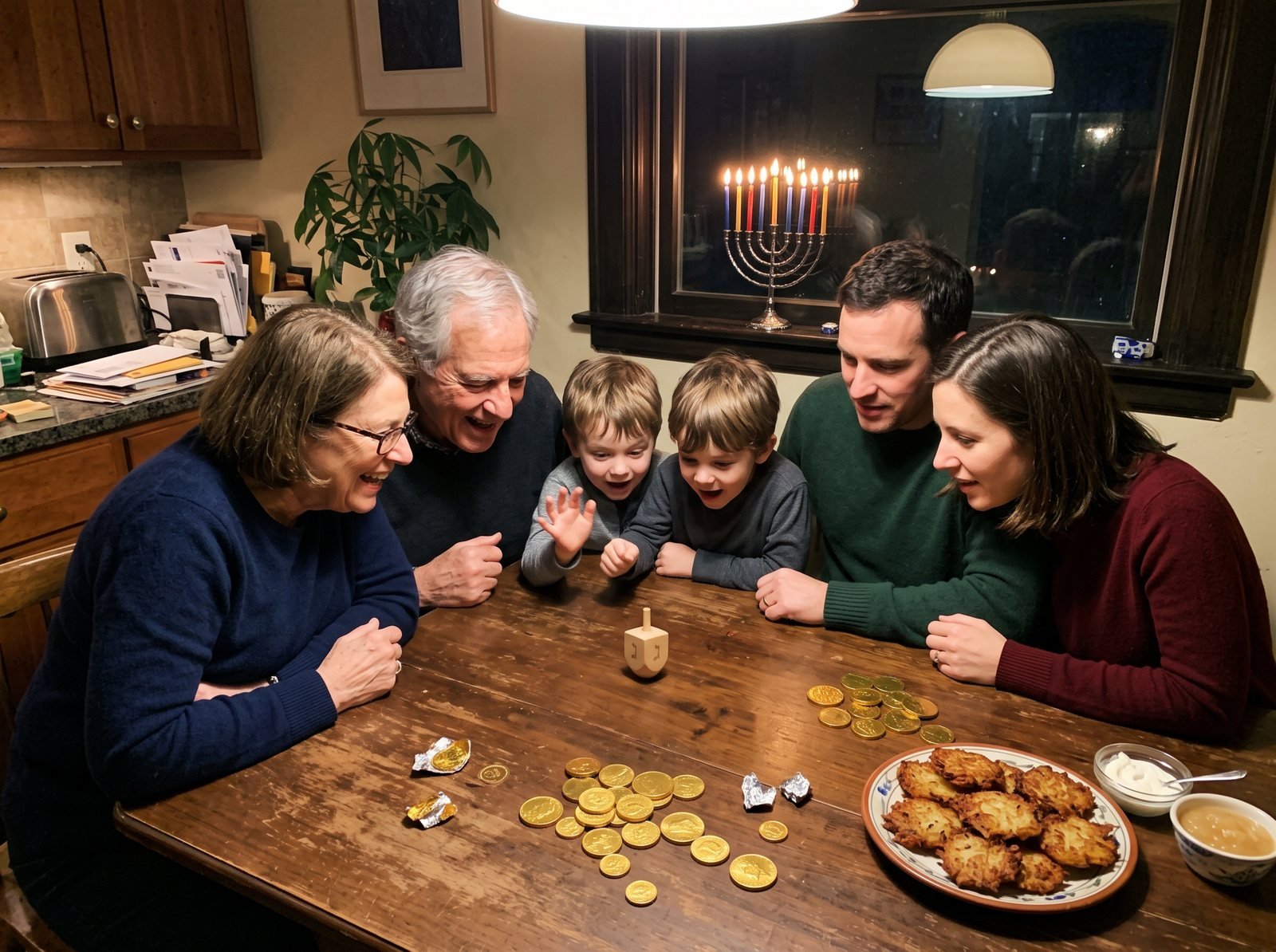 Children and grandparents spinning a dreidel on a table with gelt
