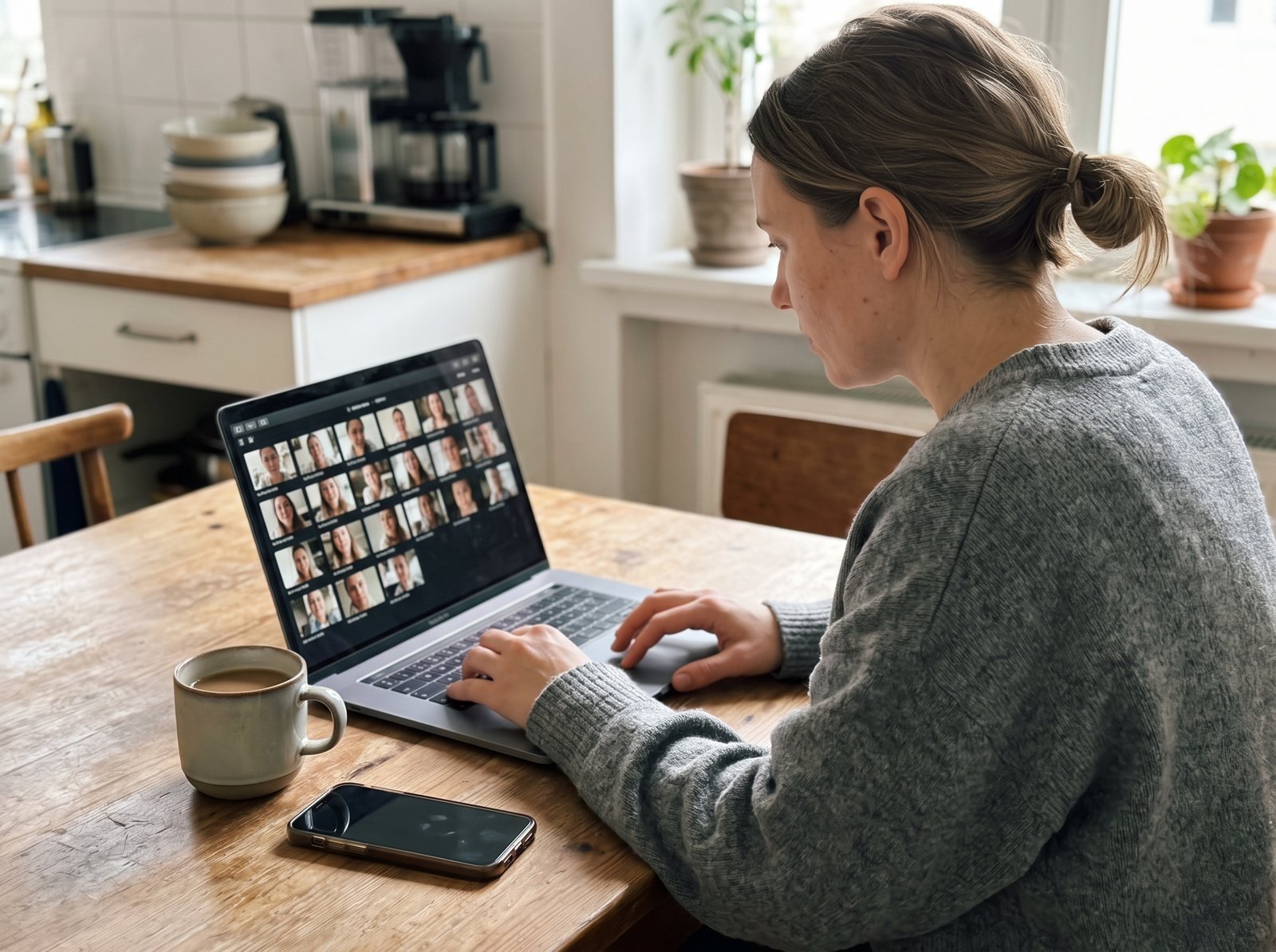 Person arranging family video clips on a laptop at the kitchen table