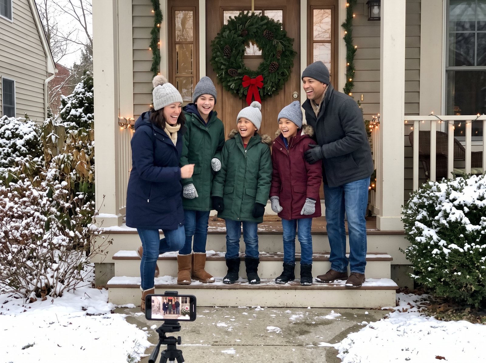 Family posing for a holiday photo on the porch while one parent sets the phone timer