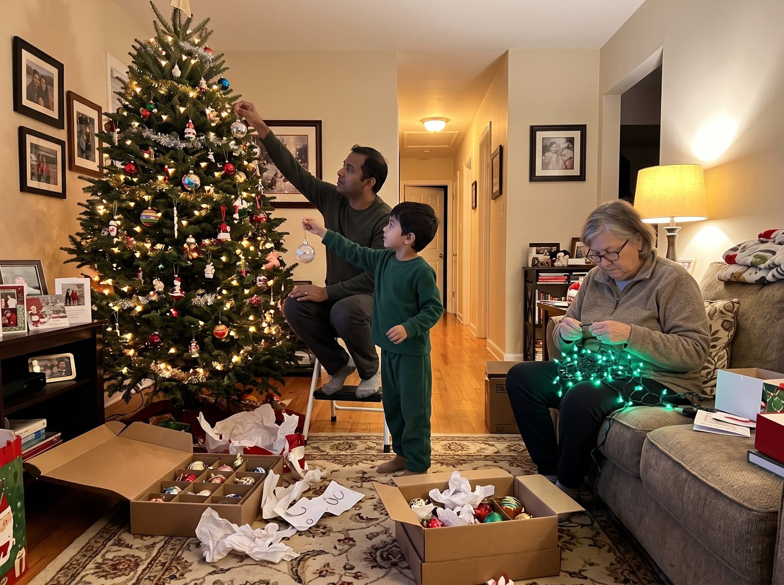 Family decorating a Christmas tree together in a warm living room
