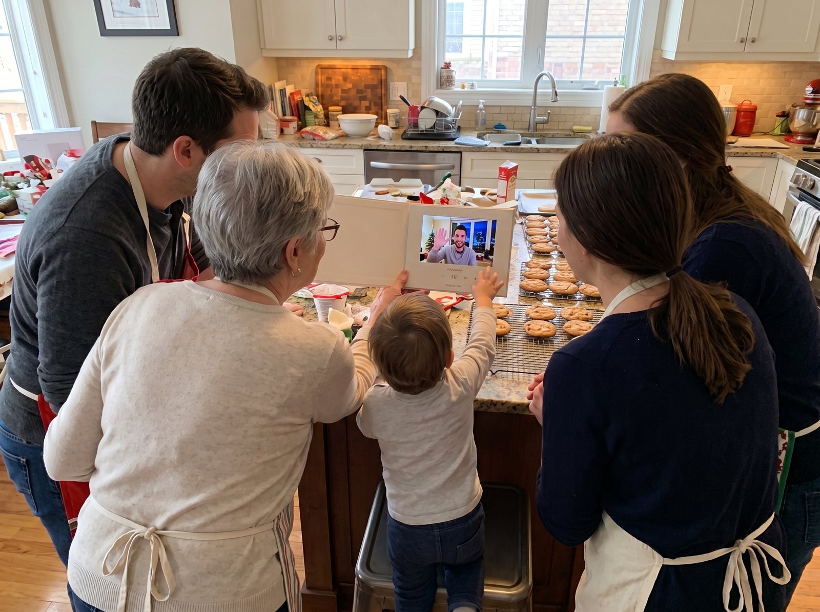 Family gathered around an open Tribute Video Book in a holiday kitchen