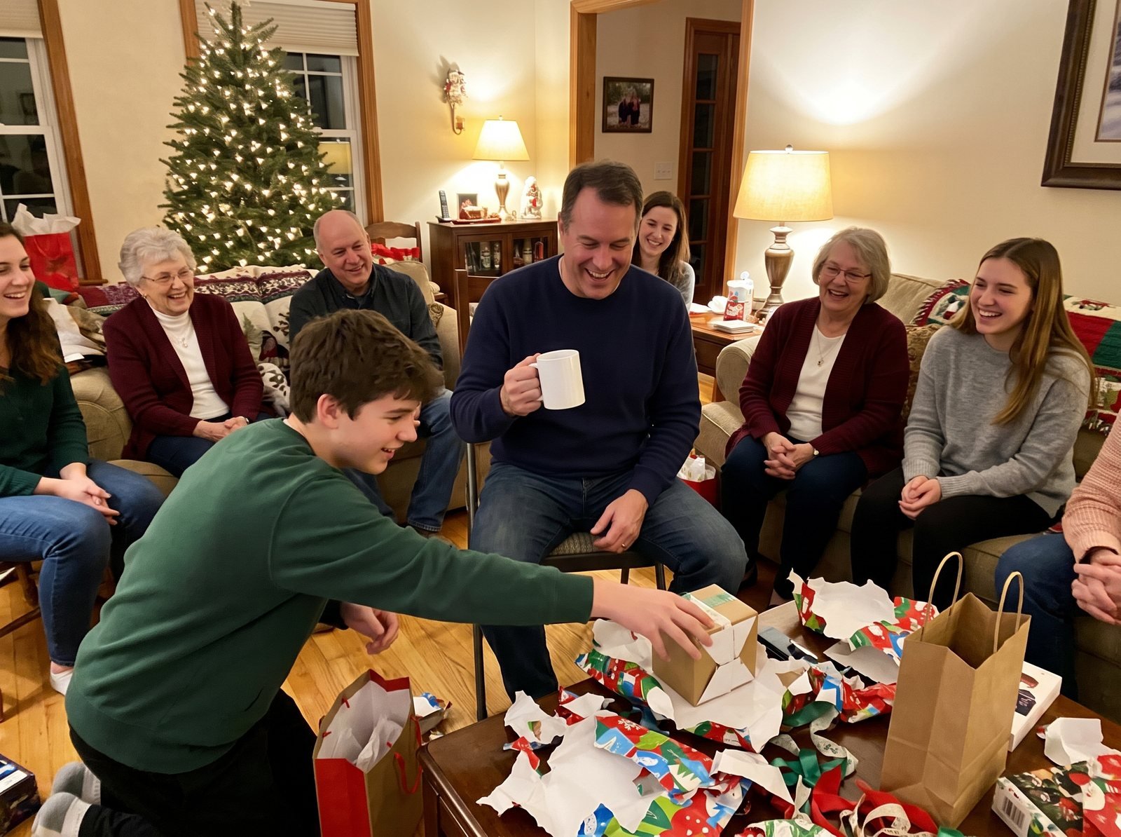 Relatives laughing during a family gift exchange in a living room