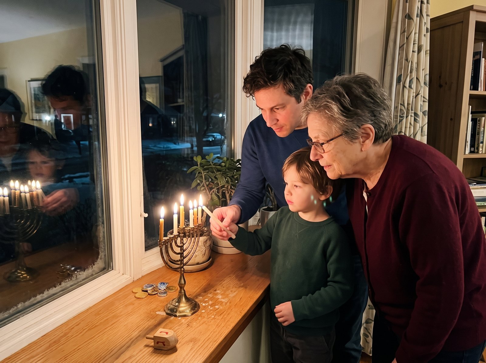 Family lighting the menorah together at a dining table during Hanukkah