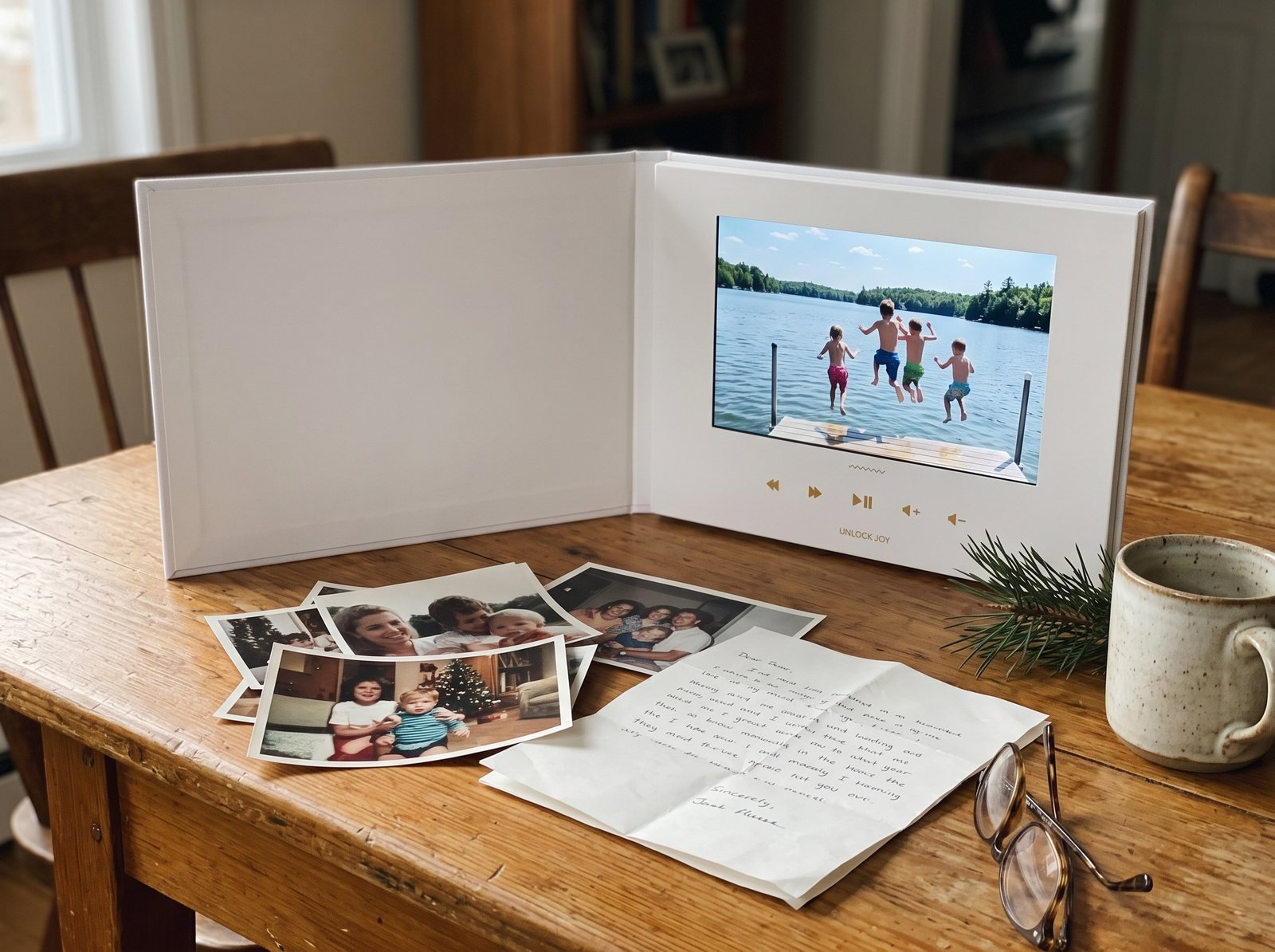Printed family Christmas letter and photos beside an open Tribute Video Book on a table