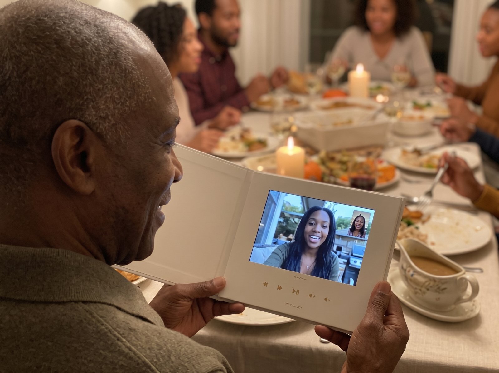 Grandfather at the Thanksgiving table watching his grandchildren on an open Tribute Video Book