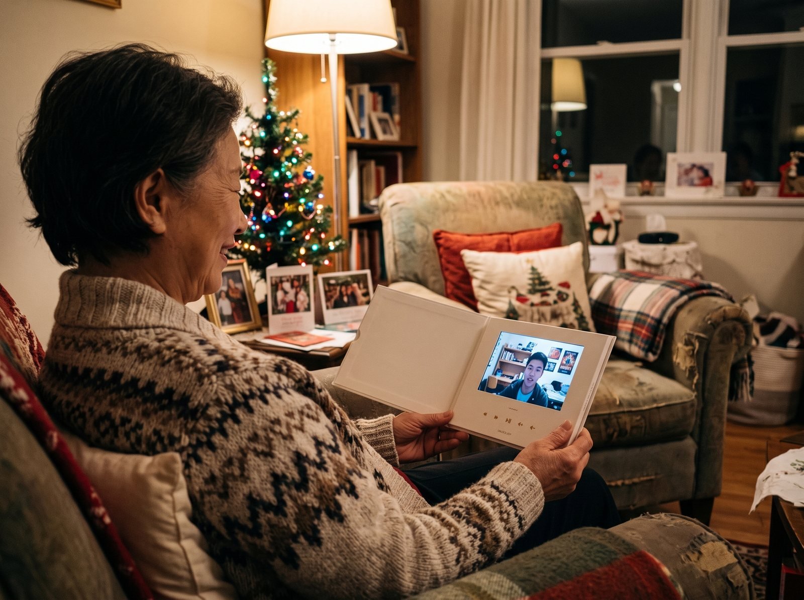 Grandmother in her armchair watching her family's Christmas messages on an open Tribute Video Book