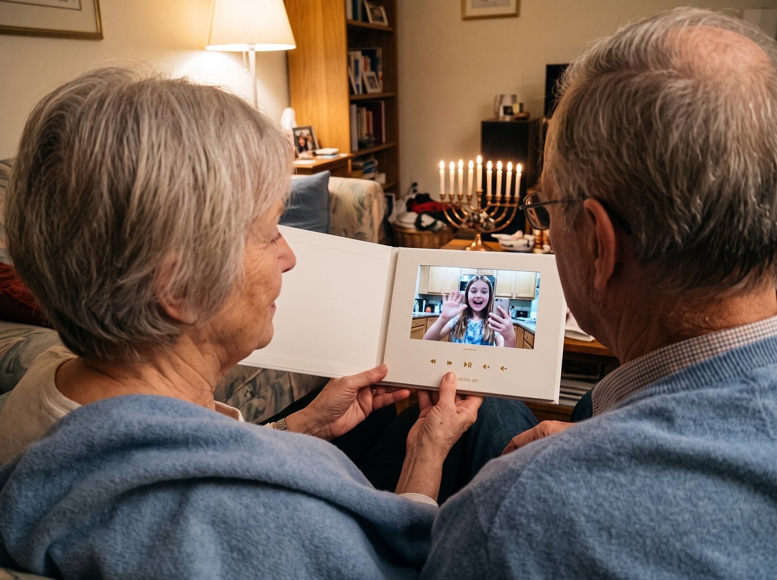 Grandparents watching a Hanukkah video message on an open Tribute Video Book beside a lit menorah