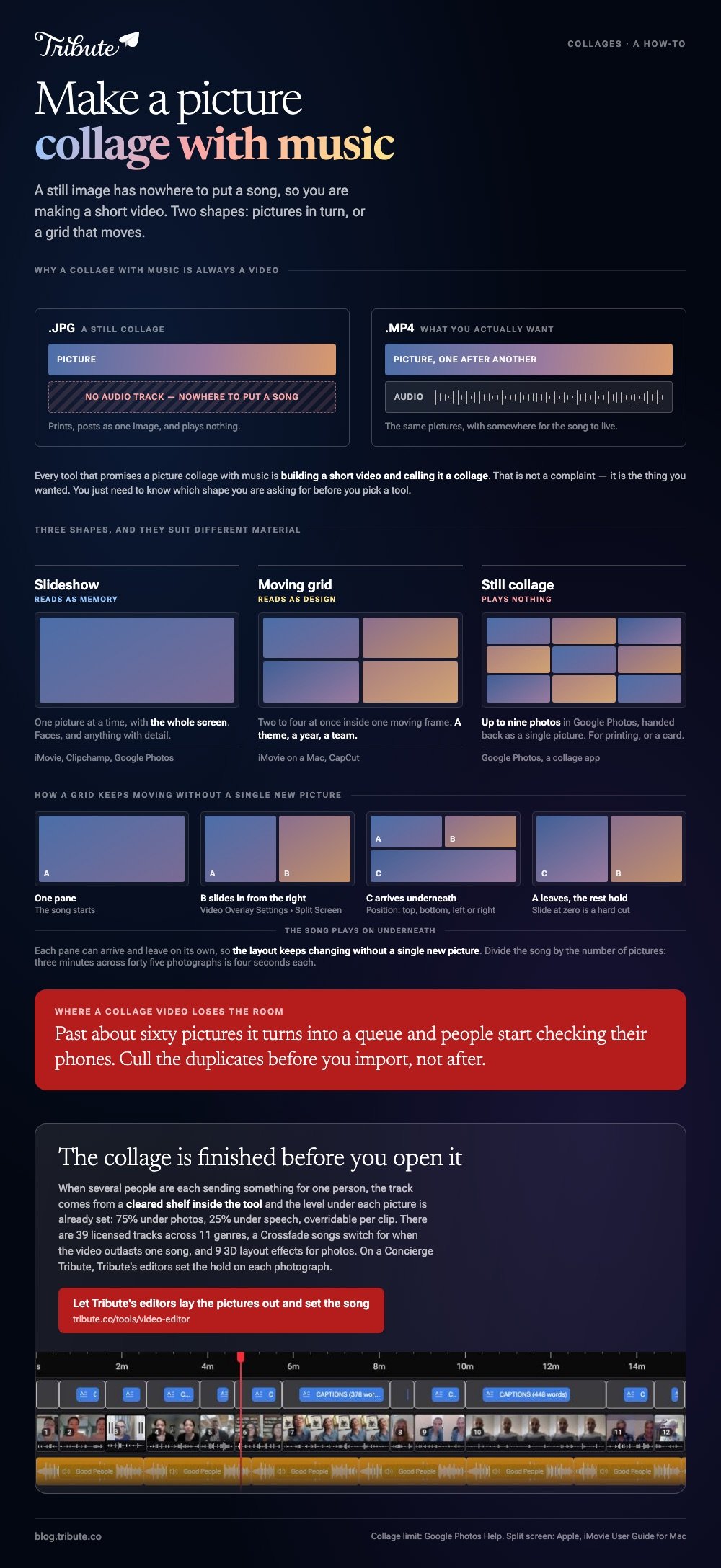 How to make a picture collage with music: why a JPG has no audio track and the collage has to be a video, the slideshow, moving grid and nine photo still collage drawn as layouts, and a split screen grid changing pane by pane as the song plays