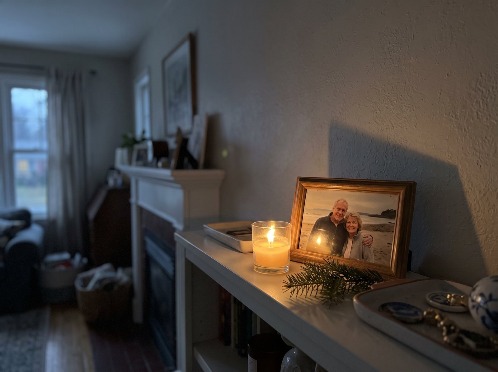 Lit candle beside a framed family photo on a mantel in soft winter light