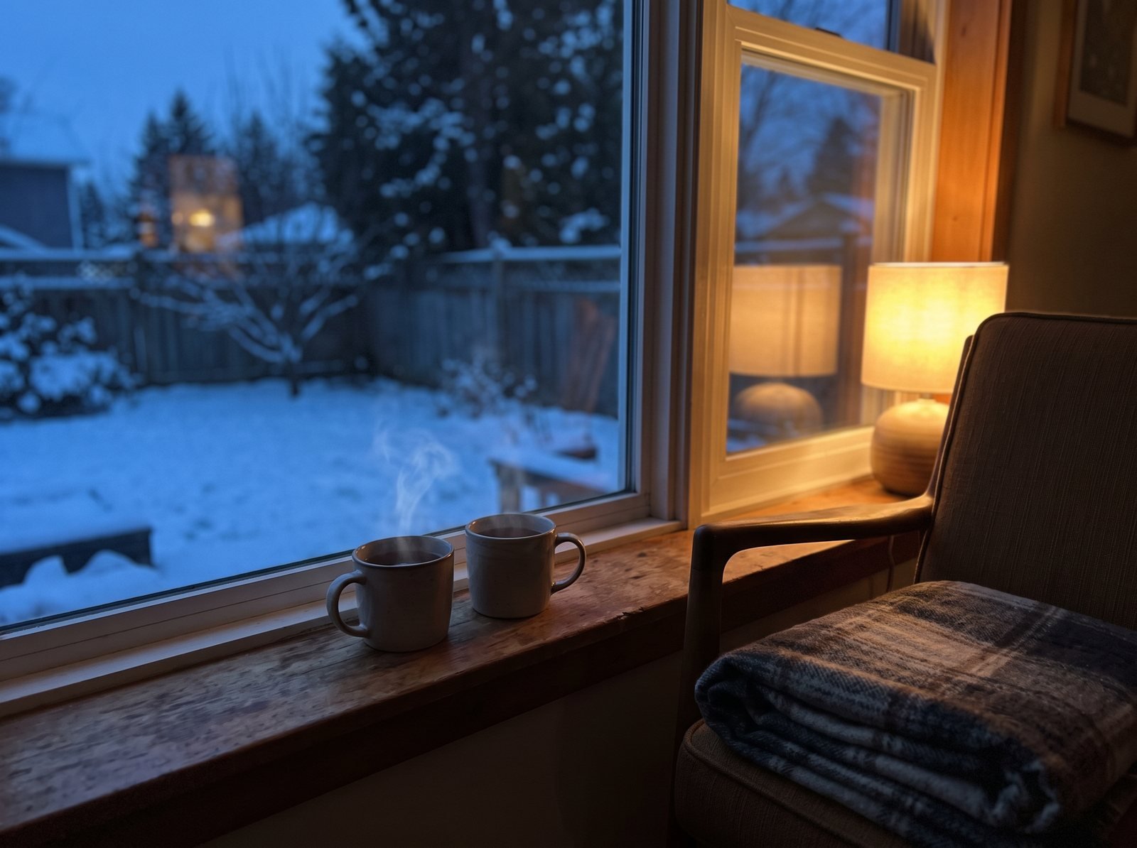 Two mugs of tea on a windowsill overlooking a snowy yard at dusk